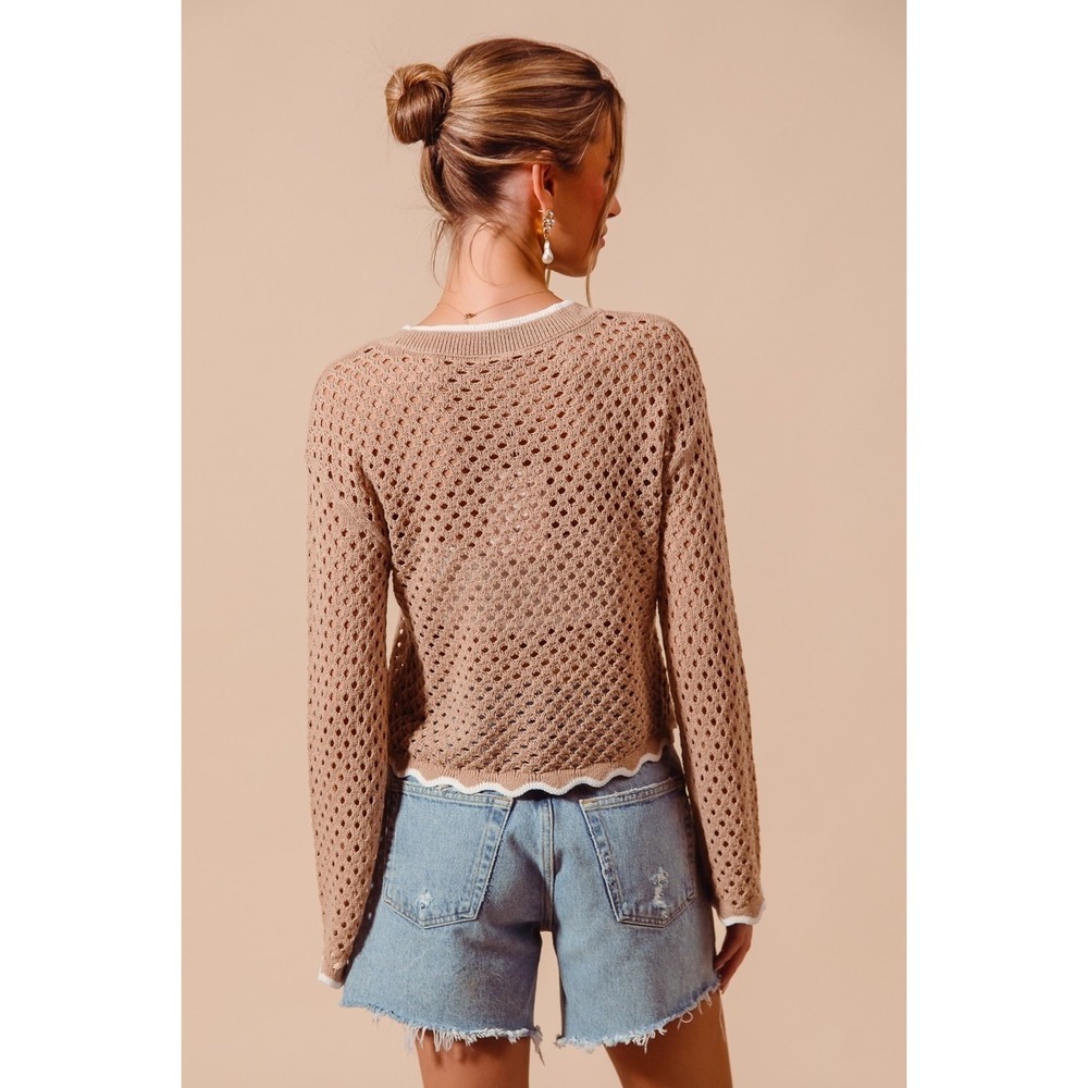 SO‎ ME Open Knit Light Weight Sweater Cardigan With Contrast Wavy Scallop Edge L - Picture 7 of 10